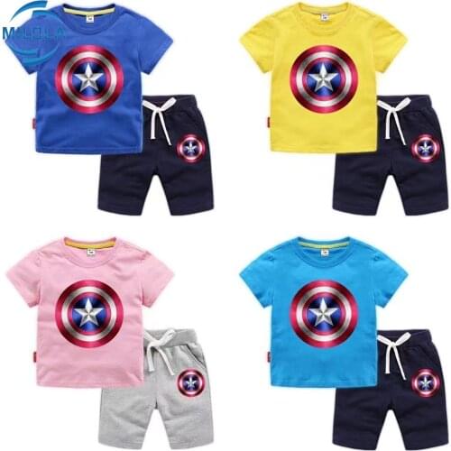 2020 Summer Childrens T-shirt New Disney Captain America Shield Print Short Sleeve + Pants Korean Childrens Casual Sportswear