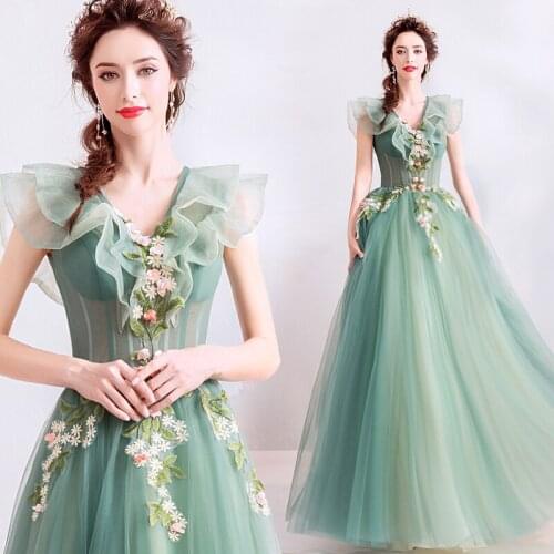 Illusion Ruffles V-neck Green Long Dresses For Prom Delicate Flower Appliques Vestido Longo Festa Gala Formal Party Prom Dresses