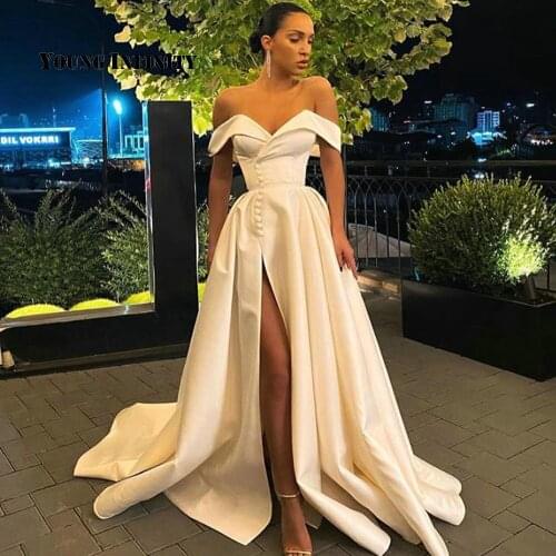 Elegant V Neck Long Satin Prom Dress 2021 Sexy Off Shoulder A Line Formal Ivory Evening Dress Saudi Arbia Style Women Party Gown
