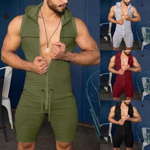 Summer Men Casual Solid Color Sleeveless Jumpsuit Pockets Short Pants Hooded Romper with Pockets Male Fashion Rompers