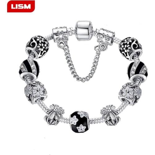 Fashion Silver Color Charms Bracelet Bangle for Women Crystal Black Flower Bead Bracelets DIY Jewelry Pulseras Mujer Gift