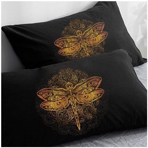 Customize Pillowcase 50x70/75/80 70x70,3D HD Black Pillow Case,Decorative 2PCS Pillow Cover Golden dragonfly on Black Bedding