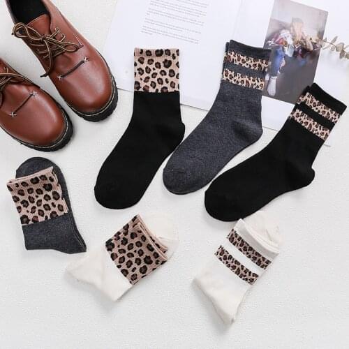 Unisex Retro Style Cotton Breathable Mid Tube Socks for Women Leopard Pattern Korean Style 1Pair Long Socks Elastic
