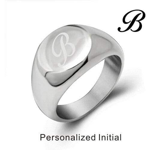 Personalized Initial Engrave Custom Stainless Steel Round Signet Blank Plain Ring Band High Polished Silver Color U.S.Size
