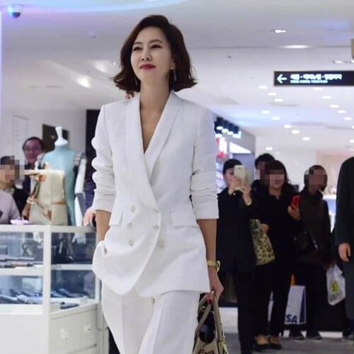 Womens white blazer summer Double breasted trouser suit 2-piece office suit Party travel clothingBigfoot pants temperament2020
