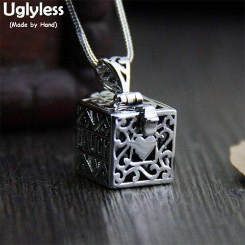 Uglyless Real S 925 Sterling Silver Hollow Cube Pendants Necklaces without Chains Openable Box Fine Jewelry Handmade LOVE Bijoux