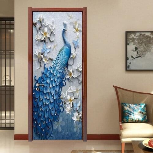 PVC Self-Adhesive Waterproof Door Sticker 3D Embossed Peacock Mural Wallpaper Living Room Bedroom Door Stickers Wall Home Decor