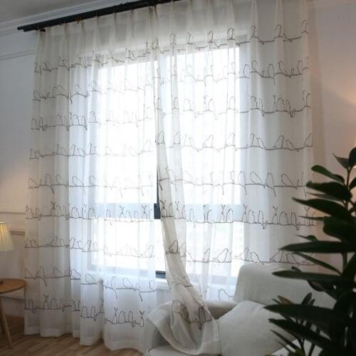Korean Birds Embroidered Tulle Curtains for the Bedroom Faux Linen Sheer Curtains for Living Room Ready Made Kitchen Curtains