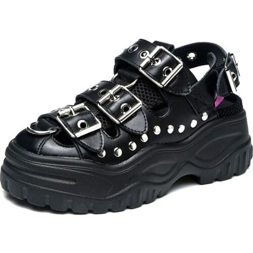 Womens Lolita Belt Buckle Rivet Round Toe Platform Gothic Punk Sandals Shoes Creepers Mid Heel Japanese Harajuku New 2021