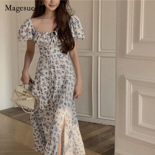 Hepburn Style Slash Neck Print Floral Maxi Dress 2021 Sweet Summer Chiffon Women Dress Vintage High Waist Slim Dress Robe 14578
