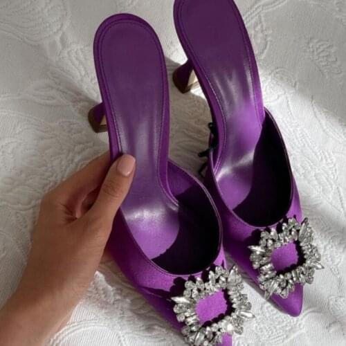 2021 European and American Feng Rhinestone High Heels Women Summer Satin Mid-heel Sandals Slippers Women