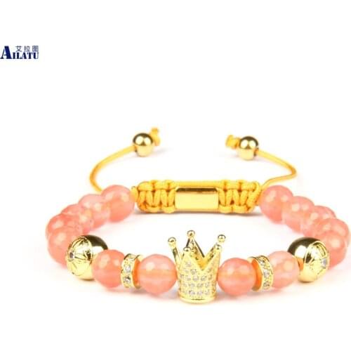 8mm Watermelon Crystal Stone Clear Cz Crown Braided Bracelet Top Quality Stainless Steel Square Beads Engrave Logo Drop Ship