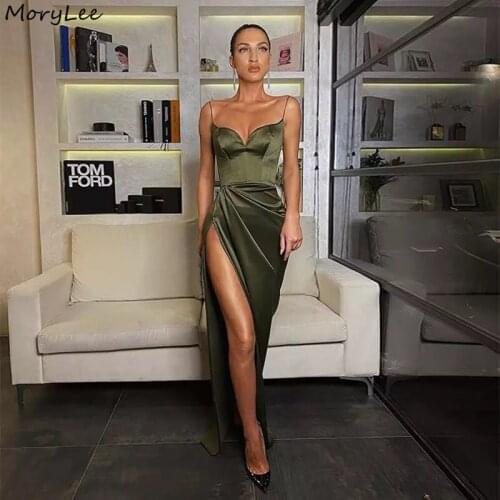 Sexy Evening Dresses Spaghetti Straps Side Slit Satin Green Evening Dresses With Zipper Back vestidos de fiesta de noche
