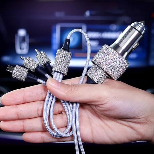 Dual USB Car Charger For Mobile Phone Tablet GPS Fast Charger Rhinestone Diamond Phone 3 Data Line Wire in Car Cigarette Lighter
