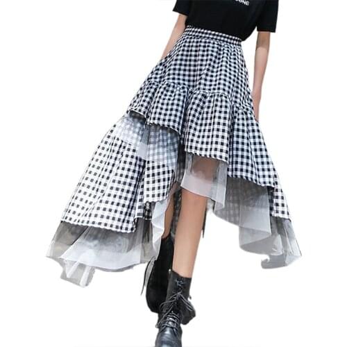 Black and white plaid tulle skirt women irregular layered skirts 2021 summer fashion Korean womens clothing