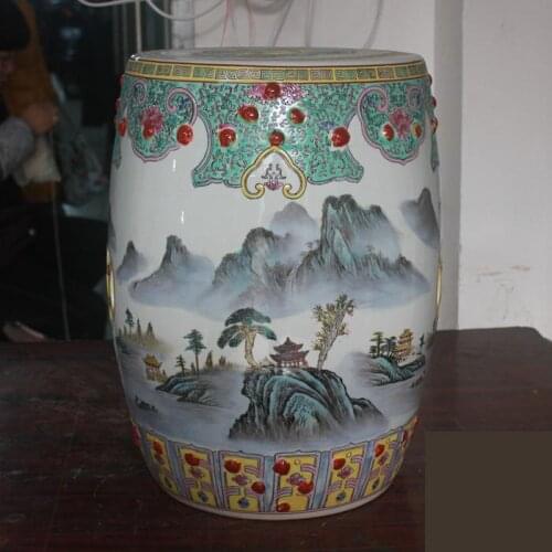 Jingdezhen Ceramic Stool Hand-painted Antique Pink Landscape Stool Outdoor Bathroom Balcony Round porcelain Stool