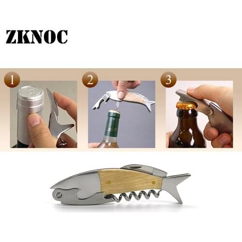 ZKNOC 1pcs Multifunction Corkscrew wine opener Fish Shape Wine Bottle Opener 3D Fish Shape Wood Handle Opener Tool Accessories