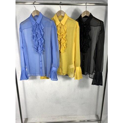 Fashion 2021 new ladies long sleeve sexy casual solid color see-through ruffle shirt 1112