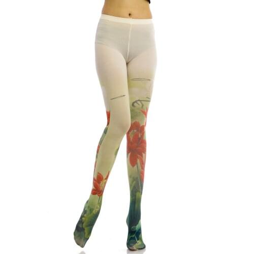 Fashion Lotus Print Pantyhose Womens Patterned Painting Tights