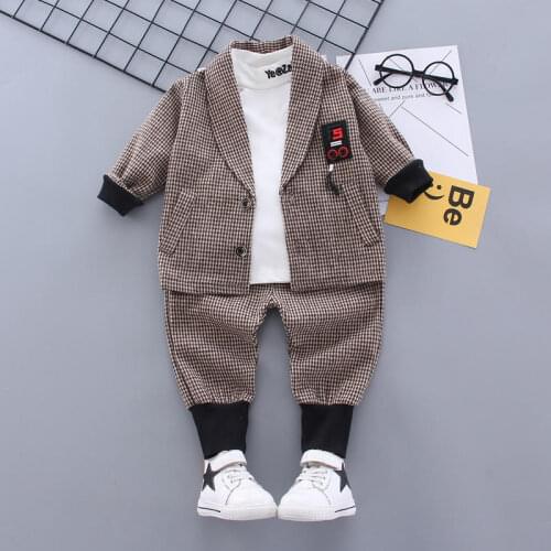 NEW Spring Autumn Children Suit Baby Boys Clothing Infant Lapel Plaid SUIT COAT T-Shirt Pants 3pcs/sets Toddler Formal Suit Sets