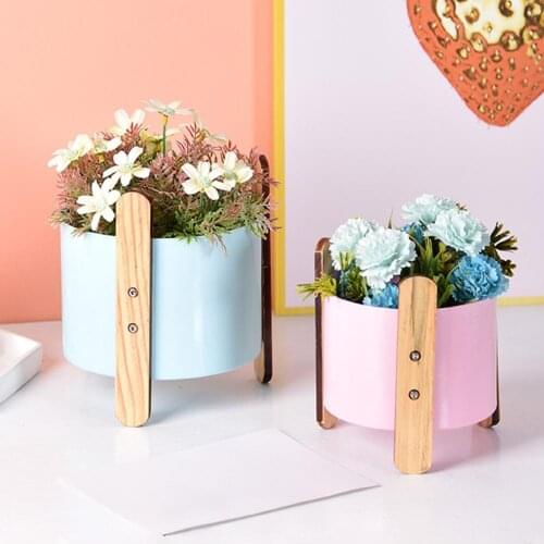 Simple Wrought Iron Flower Pot with Wooden Frame Home Desktop Planter Decoration Wall Planter for Flower Pot, Flower Pot Garden