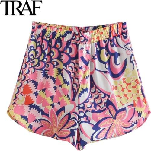 Traf Women Clothes Summer Mini Print Shorts Chic Ladies Printed Boho Shorts Elastic High Waist Wide Leg Short Hotpants