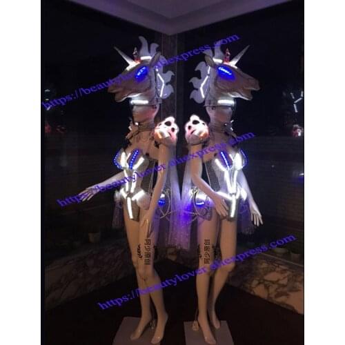 Unicorn horse head LED props costumes show clothing services Costume Stage Performance DJ Bar TV Show Cosplay Clothes