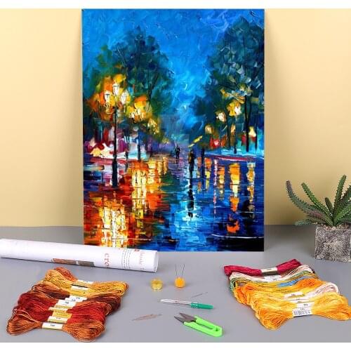 Night Park Printed Fabric 11CT Cross-Stitch DIY Embroidery Kit DMC Threads Needlework Knitting Handiwork Craft Mulina Gift