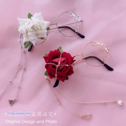 Japanese Lolita Steampunk Glasses Vintage Rose With Metal Pearl Chain Glasses Cosplay Who Gay Men Harajuku Girls Anime Around