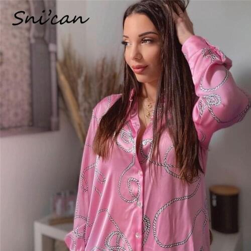Pink Chain Print Satin Shirts Za 2021 Women Summer Fashion Oversized Tops Mujer Haut Femme Chandails Vintage Female Blouse New