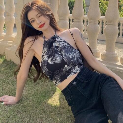 Womens Off-shoulder Sleeveless Korean Style Tank Tops Harajuku Retro Print Halter Bandage Short Slim Sexy Navel Camisole