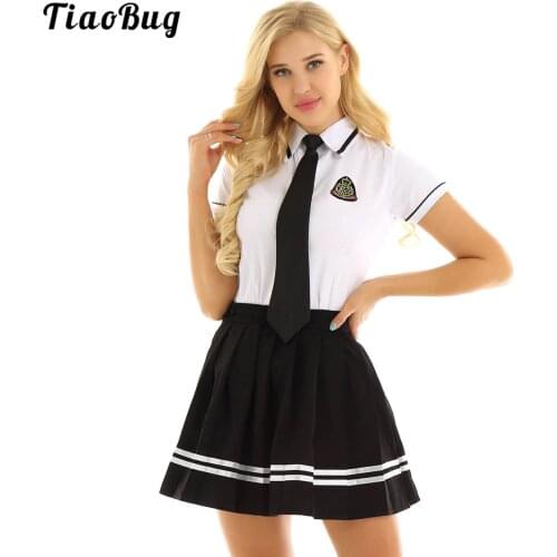 4Pcs Women School Girl Uniform Suit Cosplay Costume White Short Sleeve T-Shirt Top Black Pleated Skirt With Badge And Tie Set