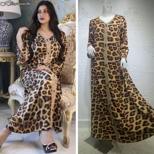 Fashion Ramadan Eid Women Long Sleeve Dresses Maxi Loose Leopard Print Abaya Kaftan Islamic Clothing African Dress Party Gown