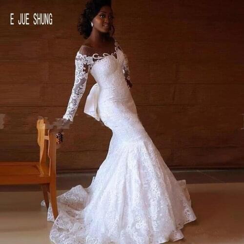 E JUE SHUNG African Full Lace Mermaid Wedding Gowns Long Sleeves Sheer Beaded Scoop Neck With Bow Wedding Dresses robe de mariee