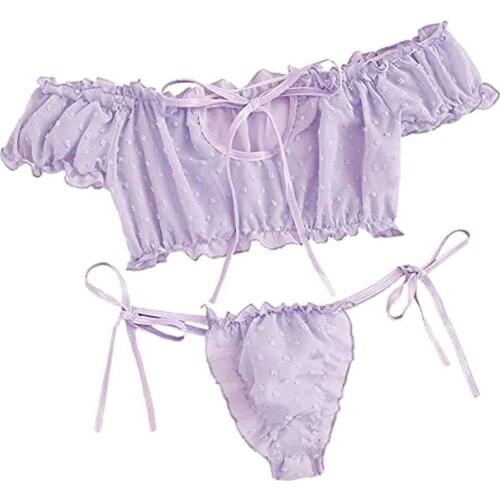 2021 Off Shoulder Lace Up Bikinis Women Sweet Off Shoulder Swimming Costume Short Sleeve Suits Swimsuits Beachwear Bathing Suits