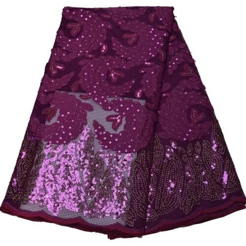 5yards/pc) high quality fuchsia African French net lace fabric with laser cut embroidery and sequins for party dress FLP232