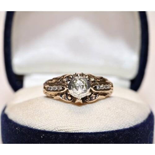 ANTIQUE VICTORIAN 14K GOLD NATURAL ROSE CUT DIAMOND AND DIAMOND DECORATED RING