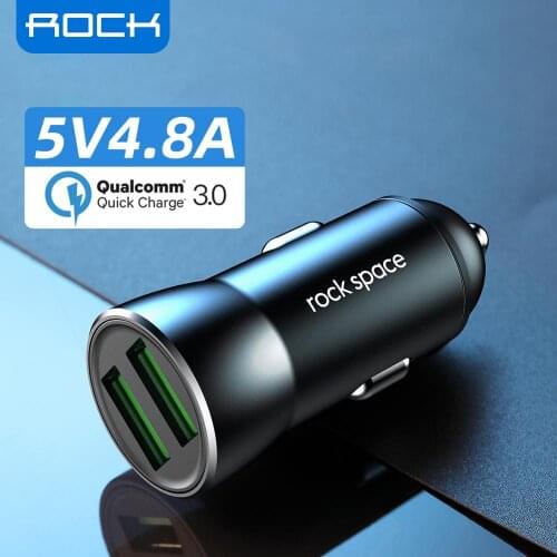 ROCK All Metal Dual USB 4.8A Car Charger For iPhone Xs max/XR/x/7/6s QC 3.0 Mini Car Charger Adapter for Note 9/Galaxy S10/S9/S8