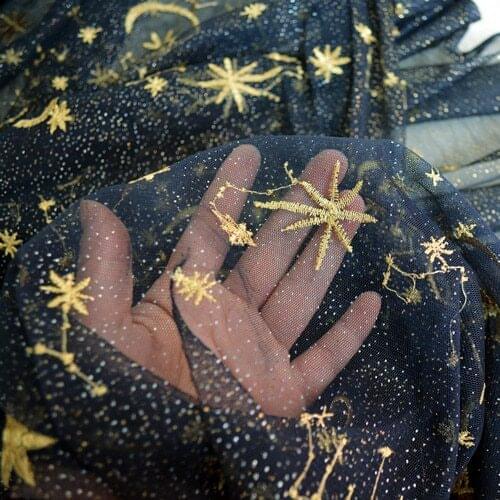 Glitter Bronzing Moon Star Embroidered Mesh Tulle Fabric Lace Fabric For Girl Dress,Wedding,Prom Black White Blue by the yard