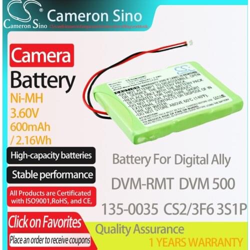 CameronSino Battery for Digital Ally DVM-RMT DVM 500 fits Digital Ally 135-0035 CS2/3F6 3S1P camera battery 600mAh/2.16Wh 3.60V