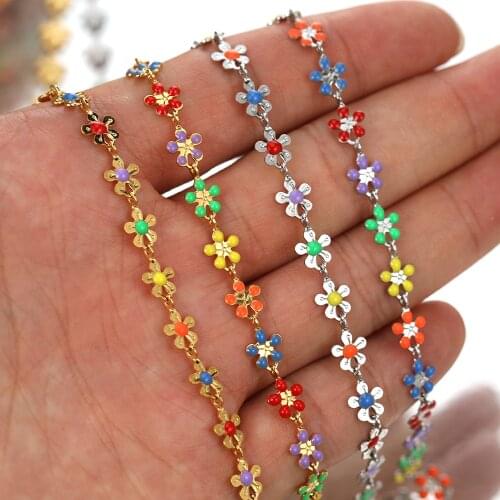 1M 18K Gold Colorful Chain Stainless Steel Enamel Flower Chains for DIY Jewelry Making Anklet Bracelet Necklaces Accessories