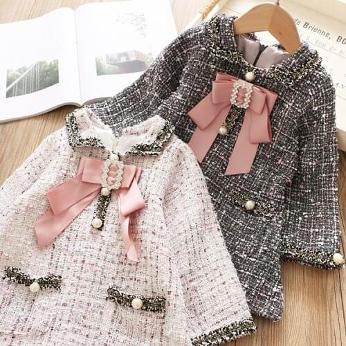 British Style Girls Colored Woolen Dresses Spring Fall Childrens Fashion Bow Pearls Spliced Dress Kids Sequines One Piece B247