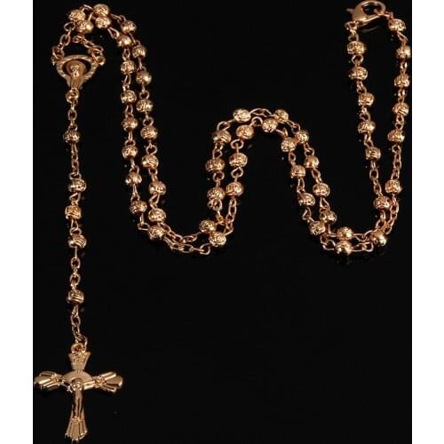 4mm stainless steel rose gold rosary long chain charm rose bead stainless steel chain. Christ Jesus Golden Cross Rose