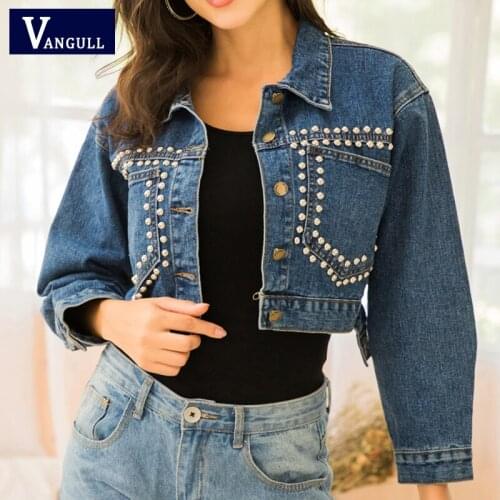 Vangull Single Breasted Short Women Jean Jacket Spring Casual Rivet Denim Coat Loose Long Sleeve Turn-down Collar Female Tops