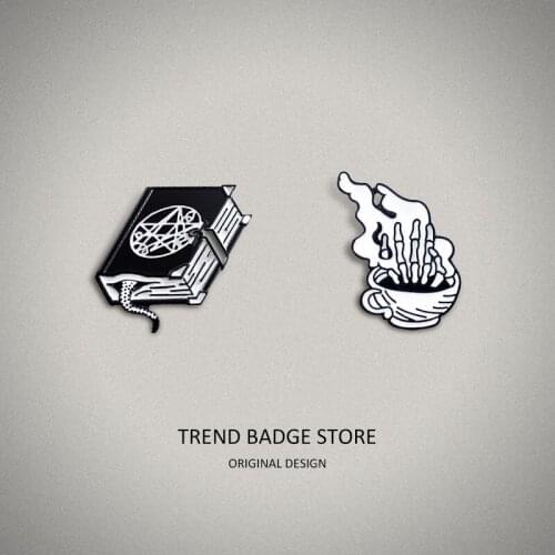Personality Design Skull Hand Coffee Cup Brooch, Snake Tail Black Spellbook Pins Metal For Backpack Bag Badge