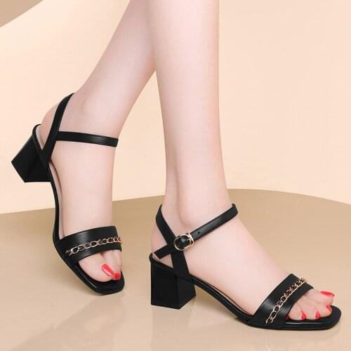 Leather sandals womens summer open-toe mid-heel 2021 new womens shoes all-match buckle with thick heel soft sole Profession