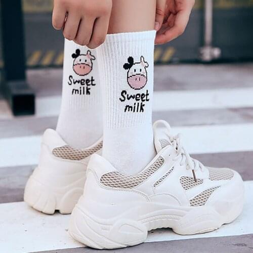 Sweety Milk for Women Mid Tube Socks Striped Pattern Japanese Style Cute Cotton Cow Printed Breathable