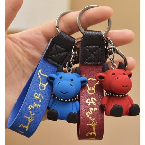 2021 New Lucky Cow Keychain Cartoon Resin Hanging PU Leather Women bag charm keyring Car Key Chain Girl Key Holder Trinket Gifts