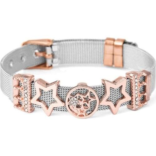New Design Rose Gold Stainless Steel Mesh Bracelet DIY Hollow Star Fit Brand Charm Bracelet for Women Fashion Jewelry Gift
