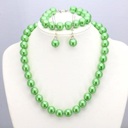 Hot Light green glass pearl necklace set necklace 12mm 18"bracelet 7.5" earring women jewelry making design